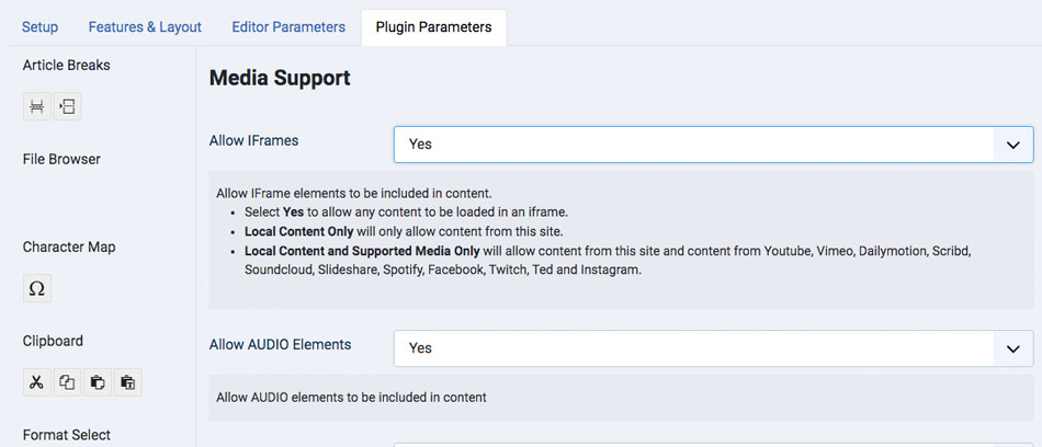 Allow iframes option in JCE Editor