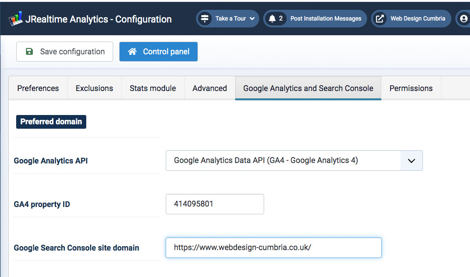 Example configuration setup for Google Analytics account